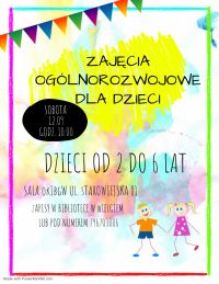 Plakat przedstawiający dwoje dzieci biegających na kolorowym tle