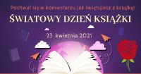 Na zdjęciu otwarta książka na fioletowym tle. Po prawej stronie zdjęcia róża.