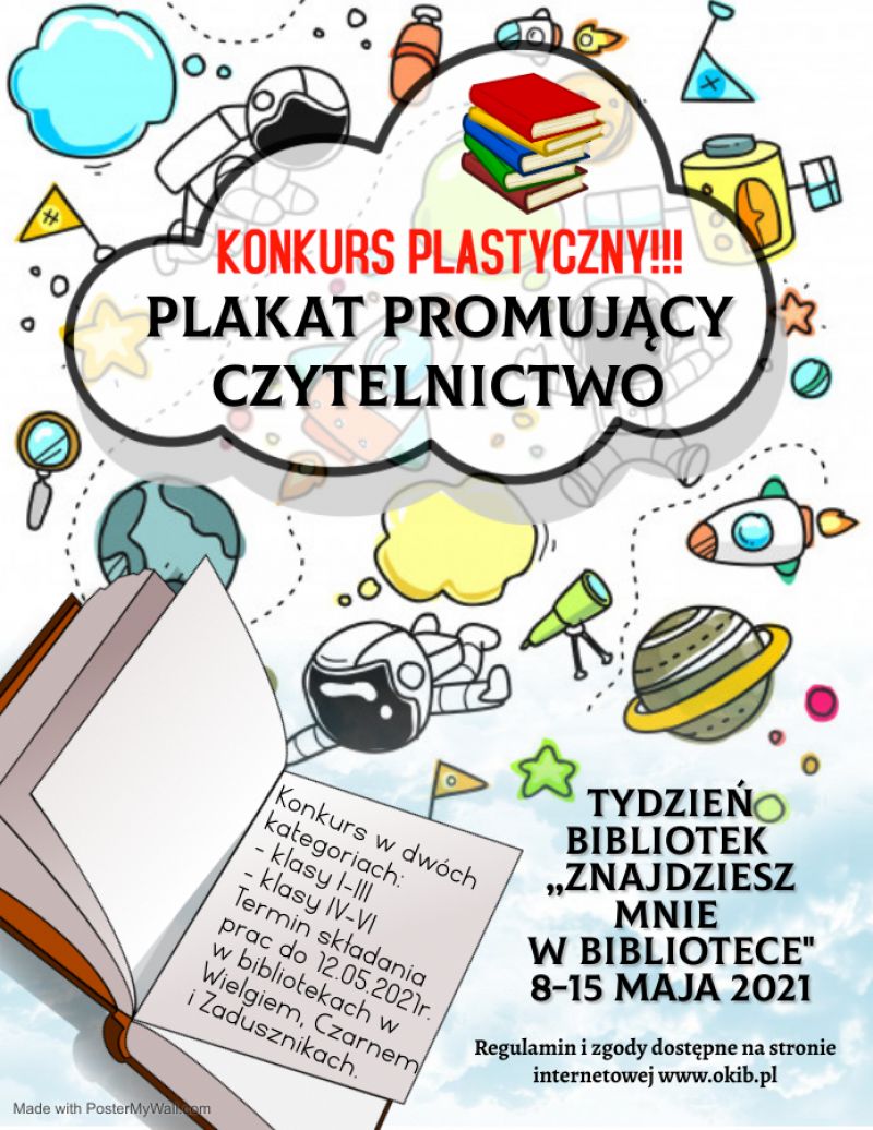 Plakat do konkursu plastycznego. Na plakacie obrazki dotyczące kosmosu.