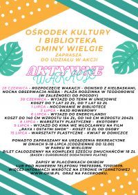 Kolorowy plakat z informacją o wakacyjnych działaniach w ośrodku kultury