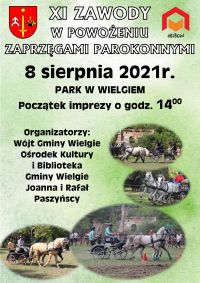 Plakat zawody parokonne. Zdjęcia zaprzęgów parokonnych podczas zawodów.