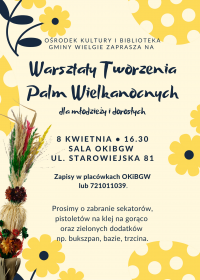 Plakat informujący o warsztatach tworzenia palm wielkanocnych