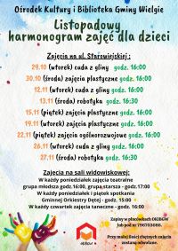 Plakat informacyjny  listopadowy harmonogram zajęć dla dzieci.