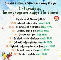 Zdjęcie informacyjne  listopadowy harmonogram zajęć dla dzieci.