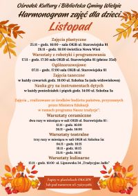 Plakat informacyjny - Harmonogram zajęć dla dzieci listopad