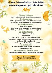 Plakat informacyjny - Harmonogram zajęć dla dzieci maj