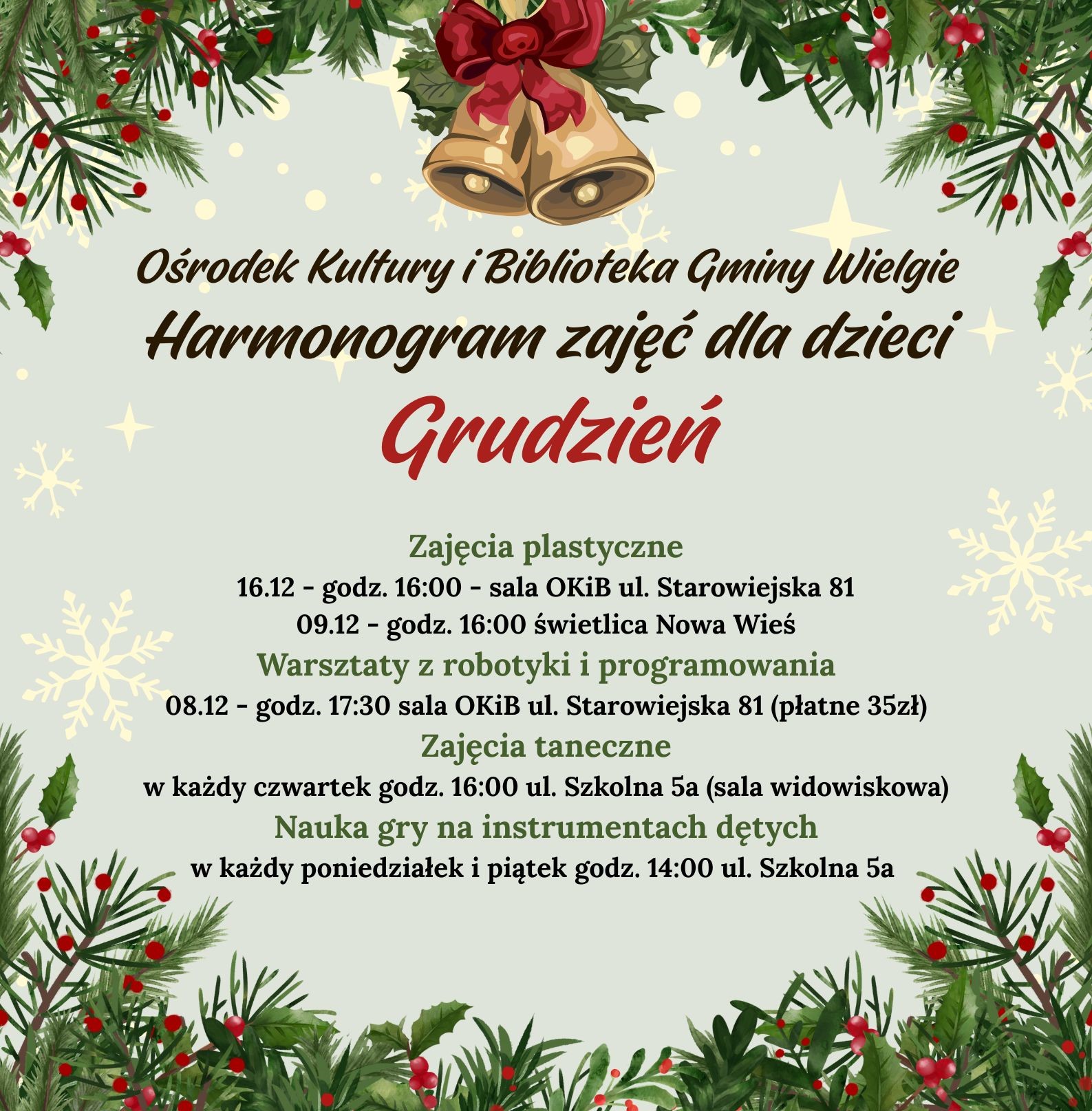 Harmonogram zajęć dla dzieci na grudzień