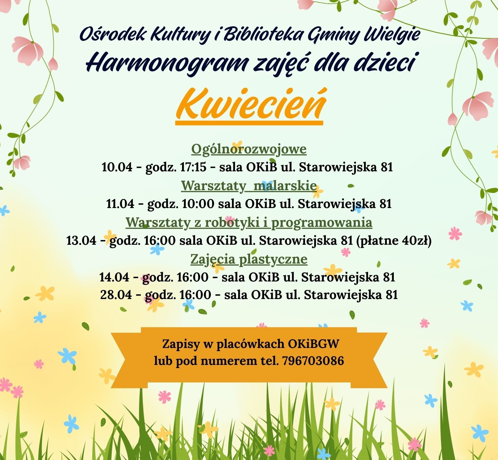 Harmonogram zajęć dla dzieci na kwiecień.